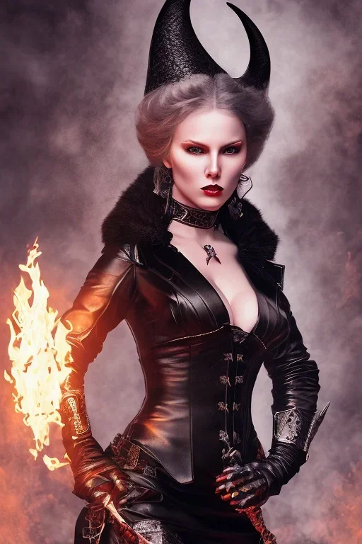 portrait photography of an evil witch goddess dressed in black leather, evil,busty, cleavage,inside a dungeon, annie leibovitz, steve mccurry, 128k photography