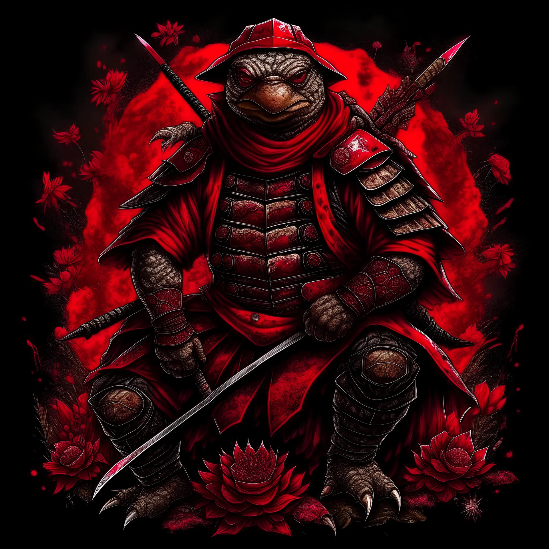 blood, guts, wildflower, intricate, darkred tones, Ultra realistic rendering of turtle samurai,