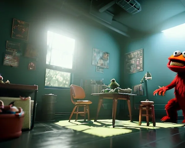 room scene with a big muppet monster, realistic photo, with toys, concept art, minimal style, smooth, unreal engine 5, god lights, ray tracing, RTX, lumen lighting, ultra detail, volumetric lighting, 3d.