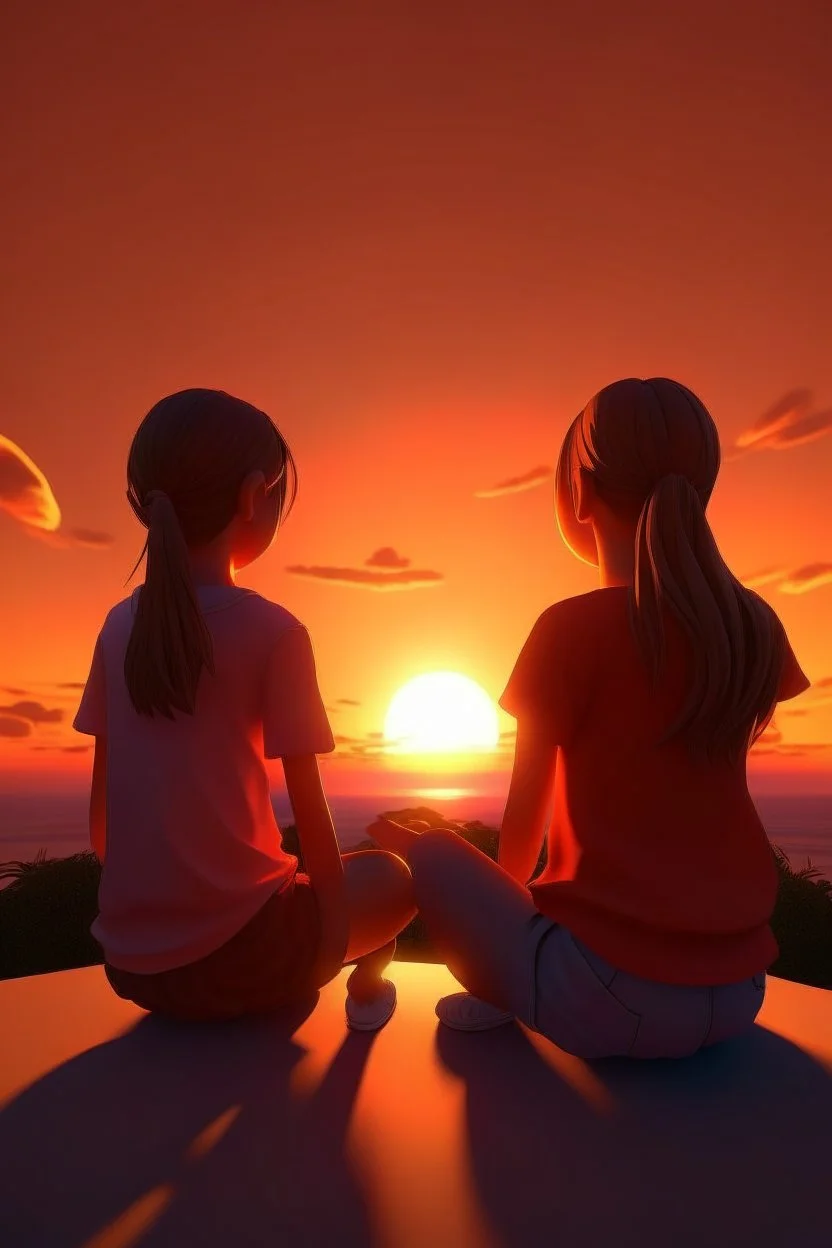 gün batımını izleyen 2 kız 3D biraz daha detaylı daha fazla detay ve 2d