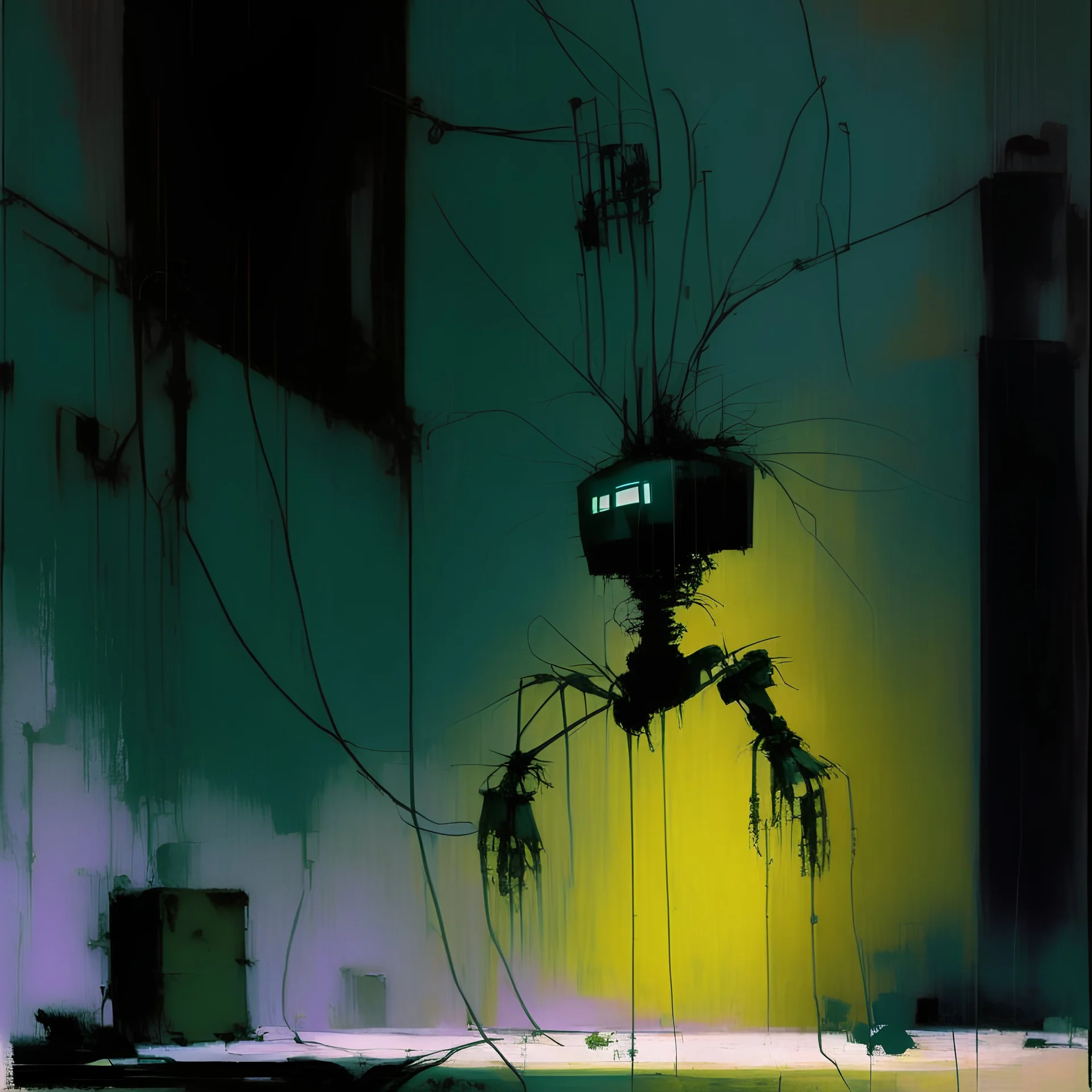 Minimal abstract oil painting of a plant robot in concrete warehouse brutalist architecture and hanging wires illuminated at night. With triadic colours. In the style of Justin Mortimer and Phil Hale, Ashley Wood