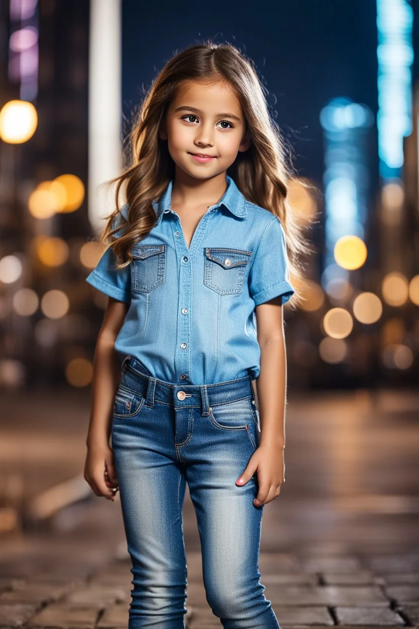 Little 8 years old beautiful girl perfect face,1girl wearing a pretty shirt and jean pant, standing pose,modern city ,night view