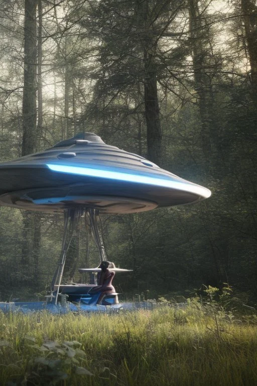 spaceship in a woodland clearing, next to a lake, with a woman kneeling under it, repairing it, blue sky