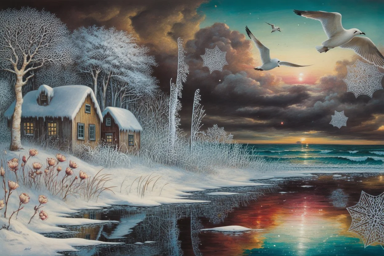 Richly textured Hieronymus Bosch, Catrin Welz-Stein, William Turner, Zdzisław Beksiński, Jacek Yerka oil on canvas zentangle line art style mix, surreal frosted fantasyland winter oceanscape, hoarfrost on trees, high grasses, snow and cottages, withered flowers, pale sunrise; paint splatter, beautiful vibrant colors, reflections, SK, flying seagulls, dramatic clouds, snowfall.