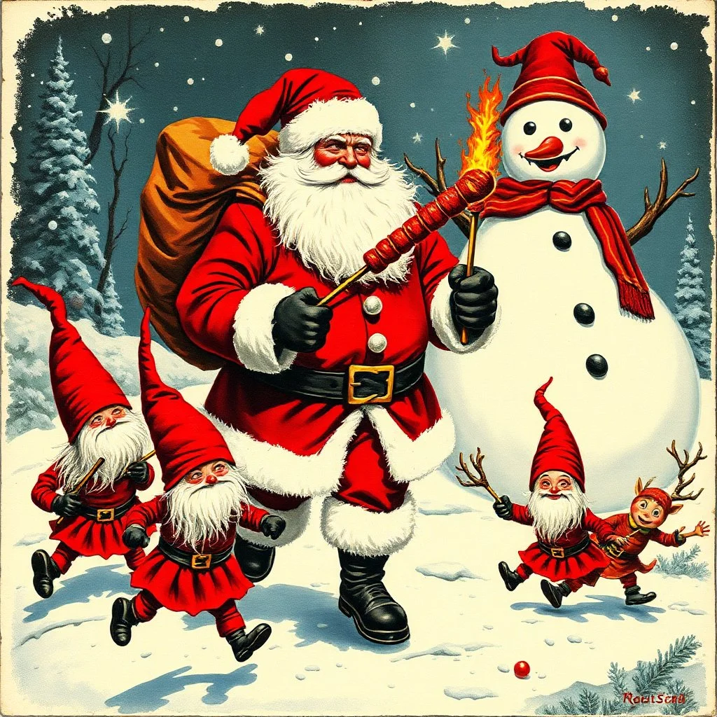 there is no kebabs at christmas, evil Santa, evil gnomes running around, flaming eyes, evil Rudolf, very big evil Frosty the snowman in background, kebabs and kebab, 1940 christmas postcard