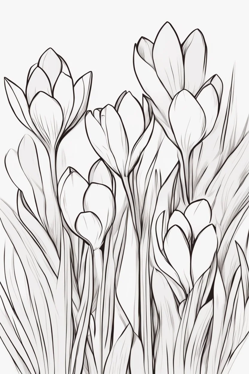 outline art for Spring: Crocuses , White background. sketch style, clean line art, white background, no shadow and clear. White/black