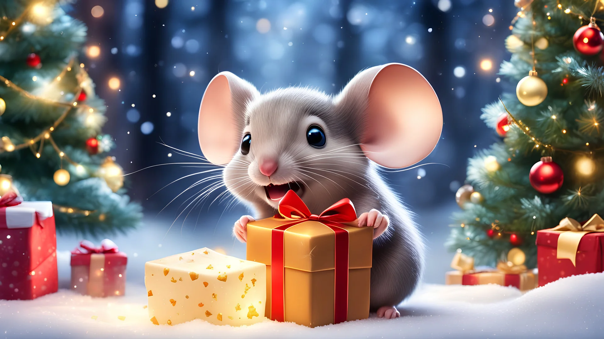 cartoon style a little cute mouse receiving an (open present box) with a (cheese inside:1.5),very (amazed),particle effects,excited,happy,excitement,winter forest backround,christmas tree,fairy lights,(ripped gift paper:1),gifts,hyperdetailed photography,warm light,perfect lighting,