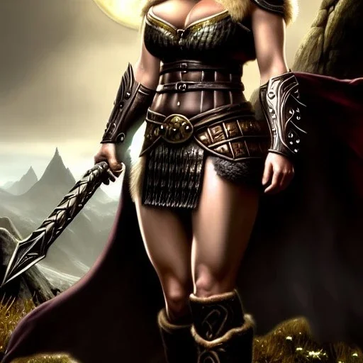 Ultra detailed fullbody Portrait in oil on canvas of Skyrim beautiful busty female Viking GreatHall ,extremely detailed digital painting,ultrarealistic skin,intense stare, extremely detailed face, crystal clear eyes, mystical colors ,perfectly centered image, perfect composition, rim light, beautiful lighting,masterpiece ,8k, stunning scene, raytracing, anatomically correct, in the style of Simon Bisley and Ohrai Noriyoshi and robert e howard and Steve Jung and Wizyakuza and uncannyknack.