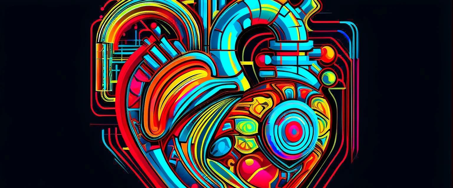 FLAT VECTOR LAYERED 2-D MULTICOLORED COMPLIMENTARY NEON MECHANICAL HUMAN HEART, METALLIC,