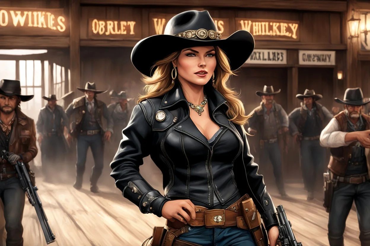 A cowgirl enters a saloon, dressed in a leather jacket, black cowboy hat and bandolier of bullets across her chest. She is armed with two guns, and commands the attention of the rough and rowdy crowd. She orders a whiskey, and takes a sip while scanning the room. She's here for a reason and will make her move when the time is right, she's confident and not afraid to use her weapons if needed.
