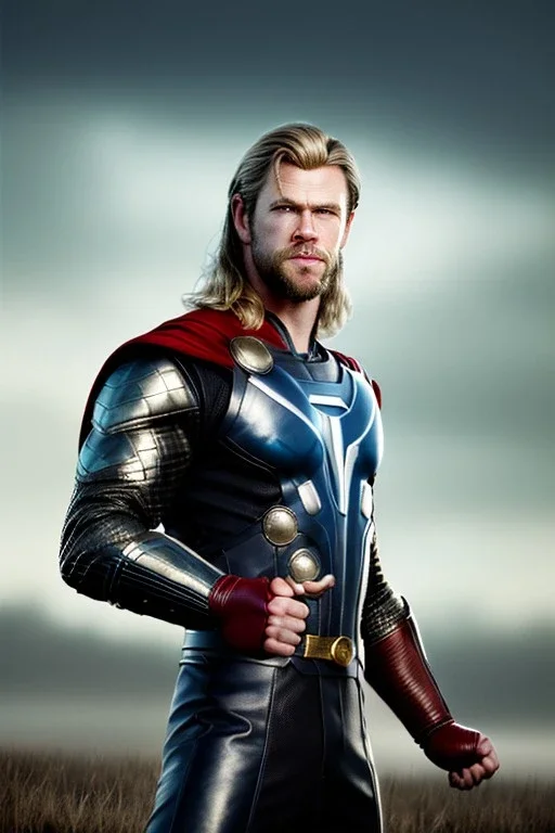 retro portrait image from 1960, sky background, wind, long blonde hair, fighting stance, young Chris Hemsworth, black dress, classic long tight lycra black suit, red cape, gold bracelet and belt, high boots, superhero style, classic comic Thor, soft color, highly detailed, unreal engine 5, ray tracing, RTX, lumen lighting, ultra detail, volumetric lighting, 3d, finely drawn, high definition, high resolution.