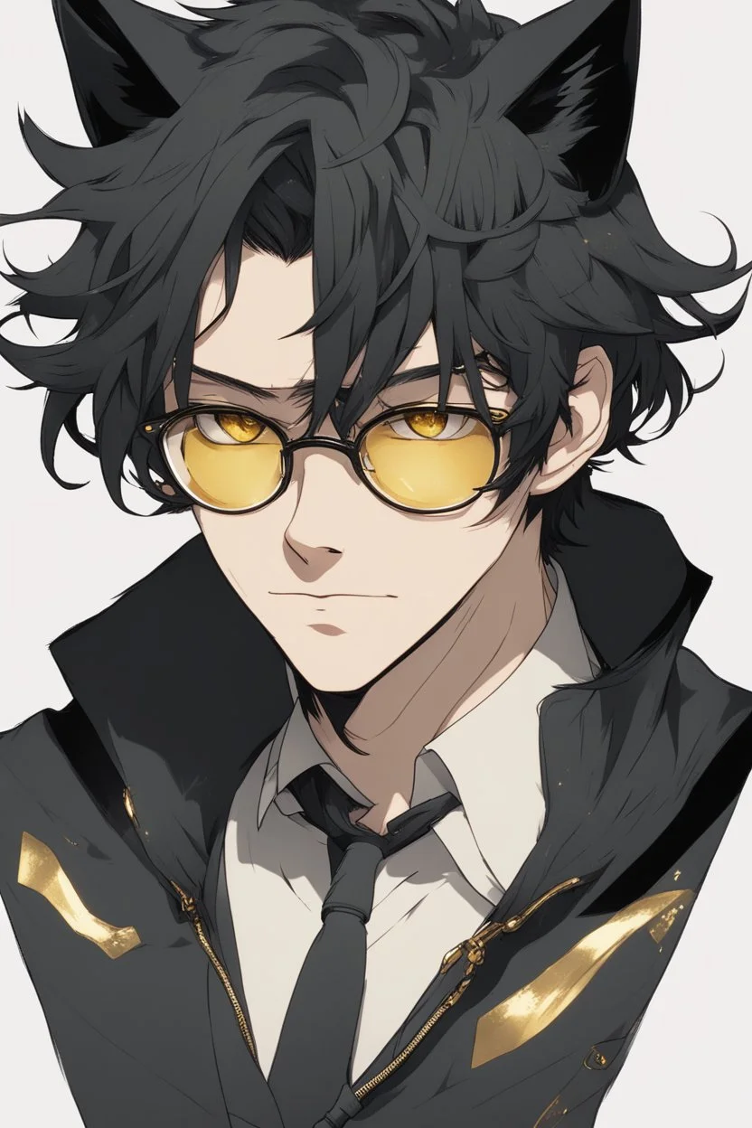 Anime style man with messy black hair and black cat ears. gold eyes. Glasses. Smirking.