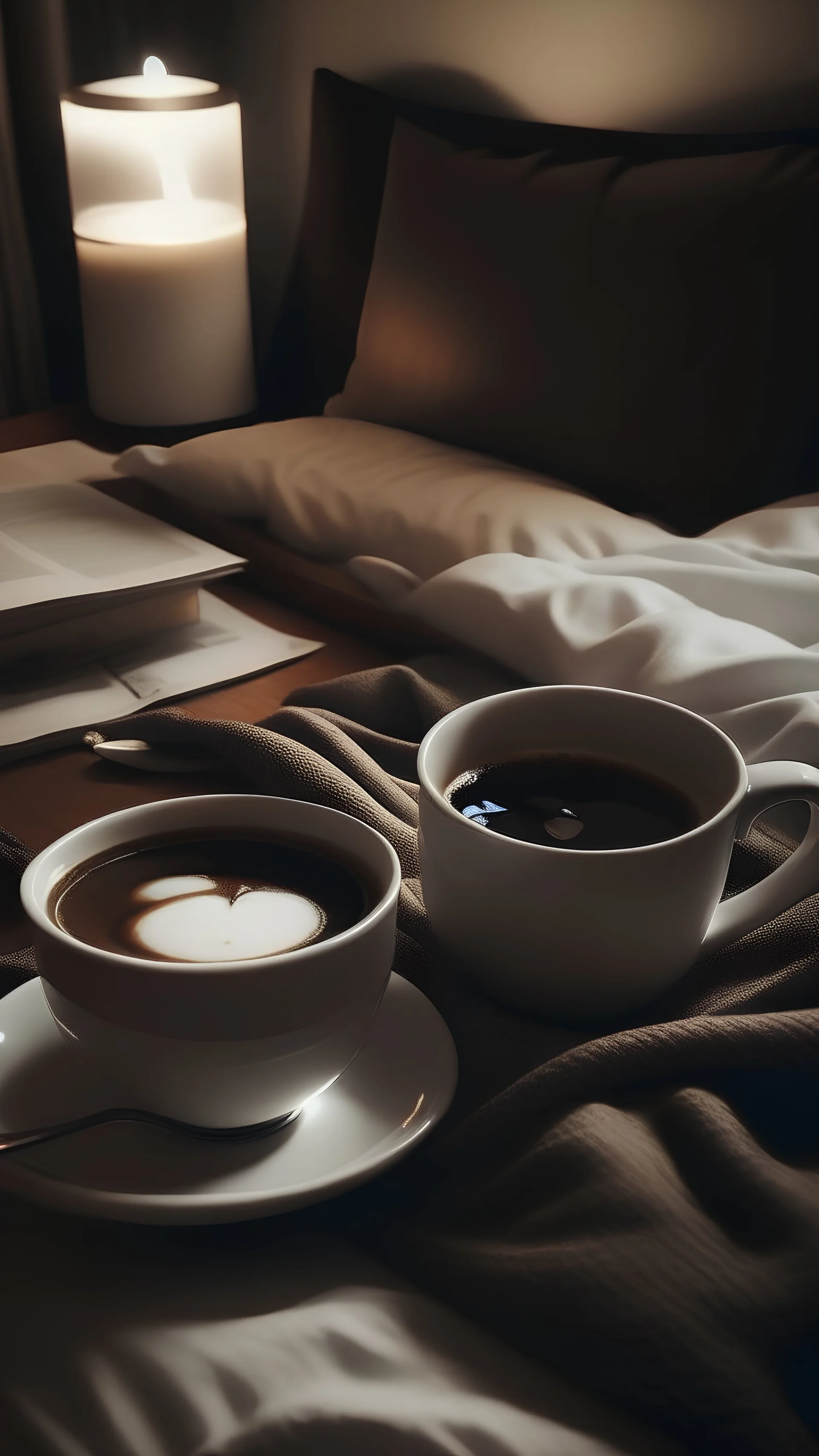 Picture of coffee, bed and night