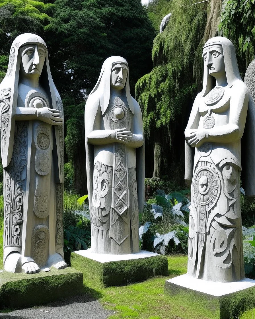 A grayish white fair in a medieval kingdom designed in Maori sculptures painted by Paul Cezanne