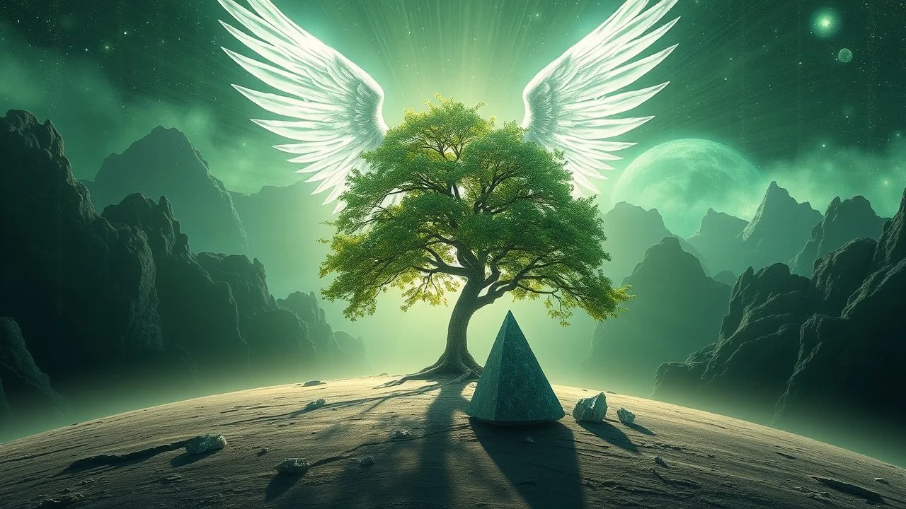 matrix universe, space, planets, god creation, angels from other dimensions with beautiful wings, trees on the planet, behind green crystals of light, few tiberium monolith deposits on the planet near tree,