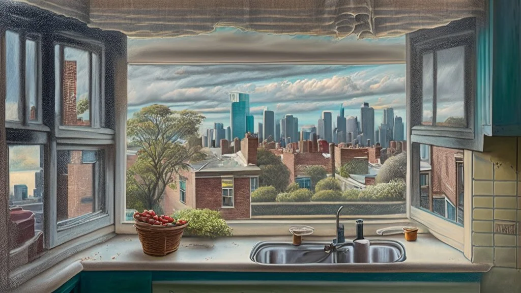 in a romantic artistic style, a view of an south side chicago landscape outside kitchen window