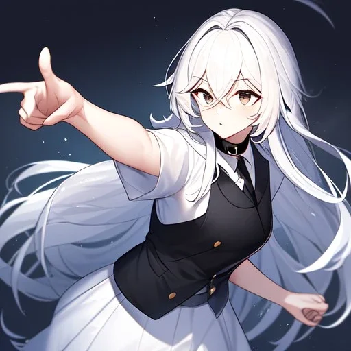 masterpiece, best quality, female, long white fluffy hair, hair between eyes, pointing, wearing a white shirt with a black collar, wearing a black vest, wearing a white skirts, {{{half body}}}, very dark black eyes