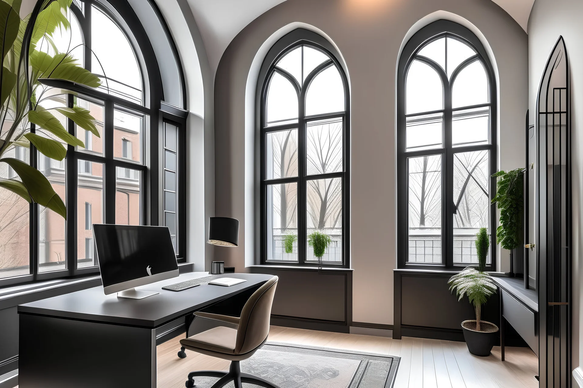 home office with two arched windows in a modern townhouse