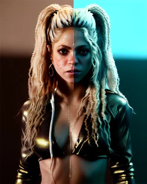 portrait, Shakira, blonde artist, angry, Realistic image, MMA robe, hoodie, mma gloves, loose long hair, eyes, makeup, gold line make up, moisture, sweat, fog, goddess, Neon colors, leds. Black background, photo studio, concept art, smooth, unreal engine 5, god lights, ray tracing, RTX, lumen lighting, ultra detail, volumetric lighting, 3d, finely drawn, high definition, 4k.