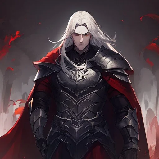 Vampire knight, young man, handsome, long white hair, black full plate armor, red cape