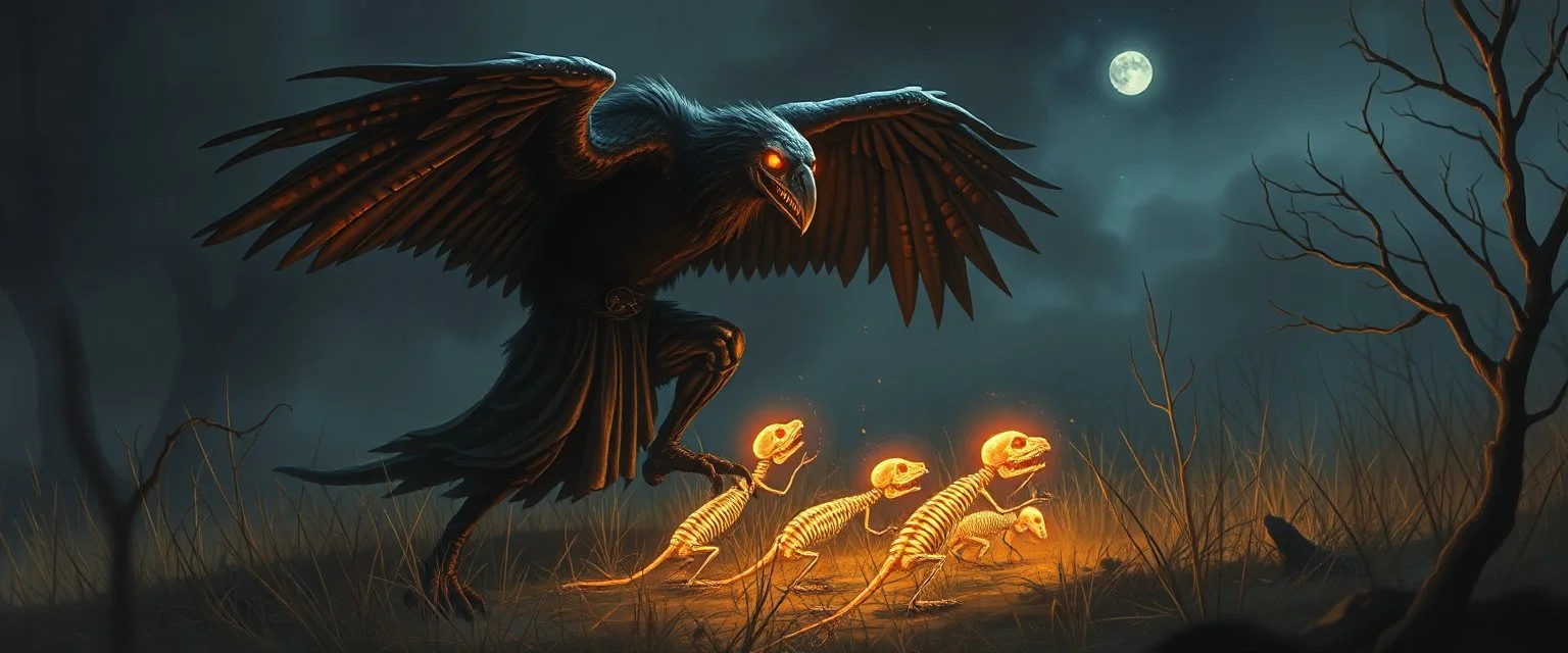 ninja necromancer in the wild, raising glowing raven furry as hell skeleton rat babies