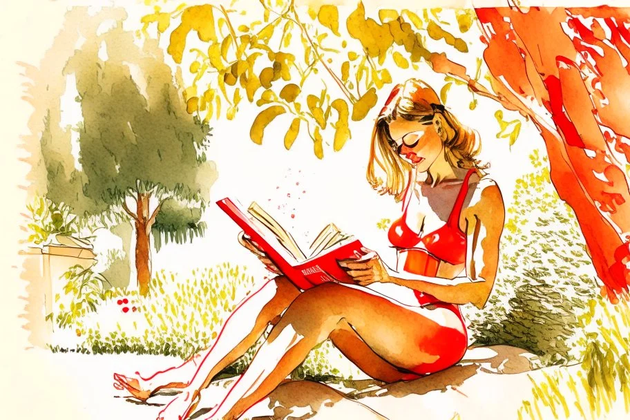 woman in red swimsuit reading a book in a beautiful garden in sunshine style Vittorio Giardino, stylized pen drawing and watercolor