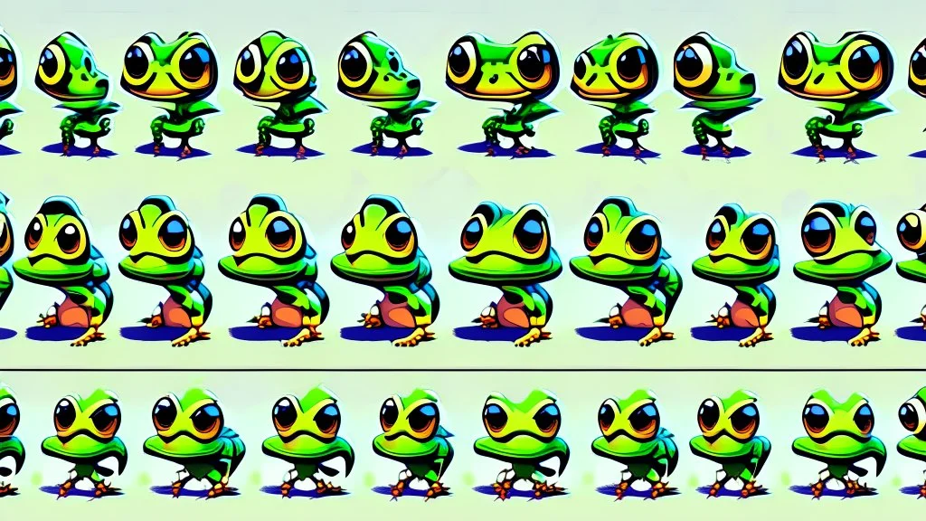 game sprite sheet of 30 images of a young and stylized frog, view from six different angles covering 360°, collection sheet, digital art