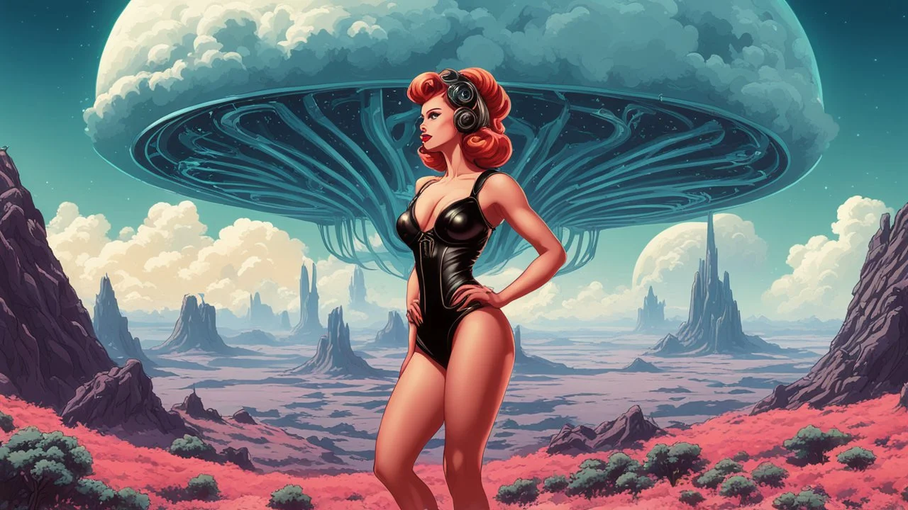 slim Sci-fi pin-up girl on an alien planet of cloud trees