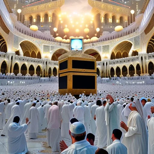 The scene in Mecca: People wearing white Ihram clothes, men without head coverings, women with veils, circumambulating around the Kaaba, and above them are transparent white spirits of children, men, and women with wings revolving around the Kaaba.