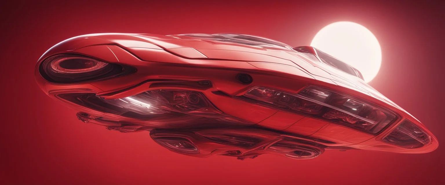 low view angle shot down from upper left front and showing the full vehicle, a RETROFUTURISTIC HOVERING CRAFT OF ALIEN ORIGIN, large close up a beautiful look up modern is decorated with red abstract, all red background, fisheye lense, vray, raytracing