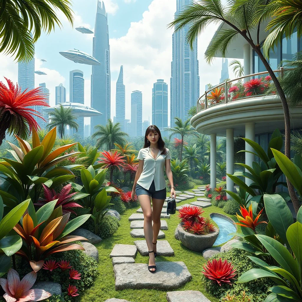 Highly detailed and intricate 3D fractal recursive art, featuring a single young woman/girl wearing fashionable modern clothing, walking directly towards the camera through a lush, futuristic villa garden. The garden is part of a larger technologically-advanced city, with towering skyscrapers and floating vehicles visible in the background. The garden itself is a verdant oasis, with exotic flora, flowing water features, and a seamless integration of natural and artificial elements. Holographic