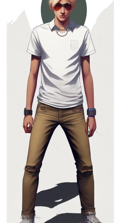 Teen man, blond hair, perfect face, style of tomer hanuka, jeans, white, t-shirt, pompadour