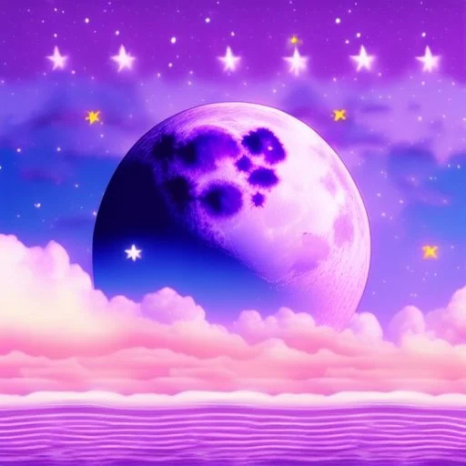 sky colored purple blue and pink and white , ocean , one white moon , yellow stars