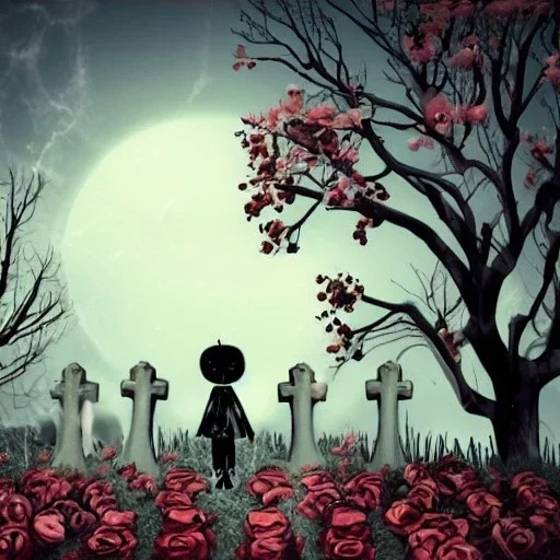 Creepy doll standing in a graveyard with dead roses around on a dark cloudy night animated style