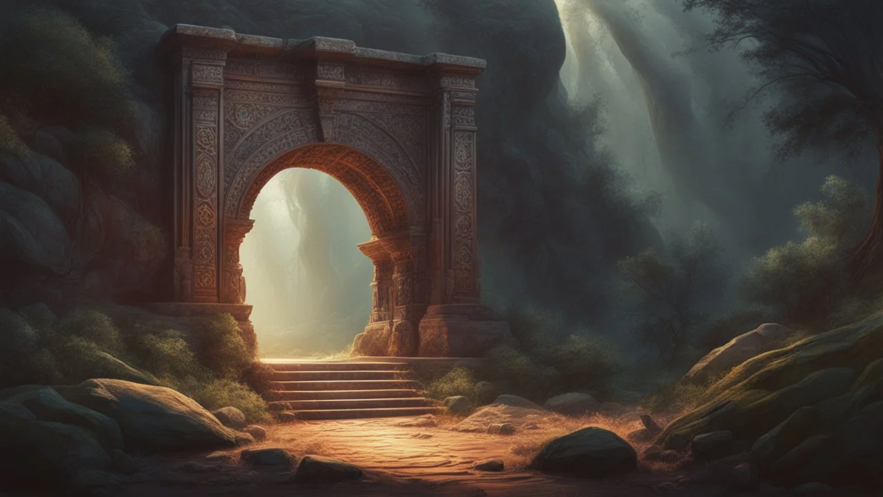 in a dead desert stands an ancient portal. Inside the darkness in the portal is a beautiful forest, cinematic lighting, hyper realisme, Hyperrealistic, splash art, concept art, mid shot, intricately detailed, color depth, dramatic, 2/3 face angle, side light, colorful background