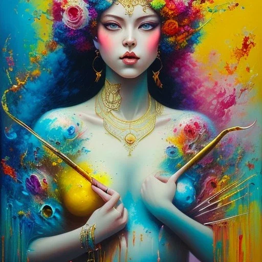 iv_a painting of a young woman, figurative art, an acrylic detailed painting, , brush strokes, paint drips and drabs and splatters by Harumi Hironaka, turquoise pink and yellow, james terrell art, trending on artstation, soft lines,intricate art by bastien lecouffe deharme and greg rutkowski