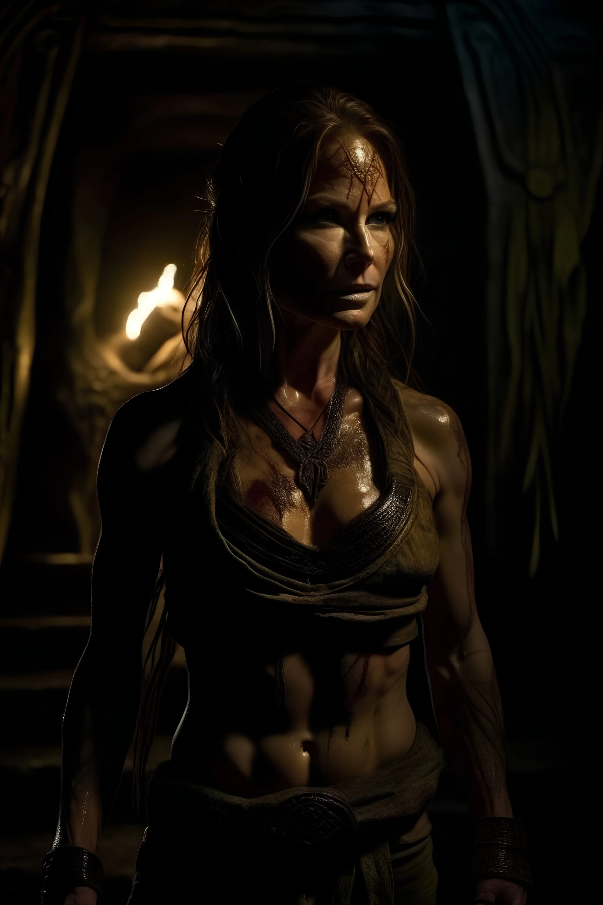 Jennifer Lopez, a female tomb raider with slightly shiny tanned skin with a very ripped, torn, and far open jacket with a plunging neckline, pushed down over her right shoulder; stands in a dark room lit with flickering torches on the inside of a large Aztec pyramid. Her skin and clothes are dirty with mud. A large dark menacing shadow moves in the background.