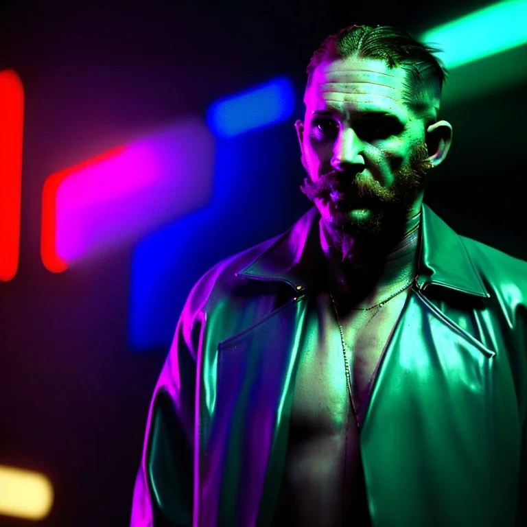 Actor, tom hardy, blade runner style, rain, fog, neon ambient, gradient color, clean skin, circuits, latex coat, cyber punk, neon, tubes, portrait, studio photo, unreal engine 5, smooth color, 16 bit, god lights, ray tracing, RTX, lumen lighting, ultra deatail, volumetric lighting, 3d, finely drawn, hd.