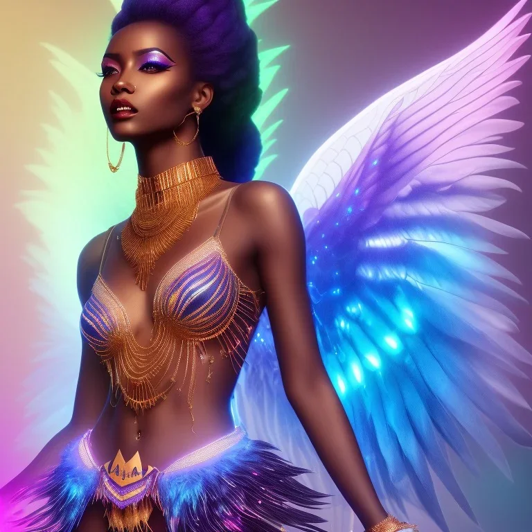 full body shot, masterpiece, best quality, black skinned, sparkling eyes, long hair, gorgeous African Fairy queen,wings,fluorescent skin,light blue makeup,synthwave, light indigo, trasparent , irridescent, highly detailed body, sun light, 4K, RAW, depth of field, high contrast, realistic details, 24mm vaporwave aesthetic, synthwave, artstation, concept art, smooth, extremely sharp detail, finely tuned detail, ultra high definition, 8 k, unreal engine 5, ultra sharp focus