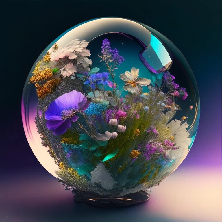 iridescent modern and mechanic globe full of flowers and nature