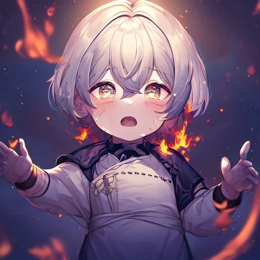 Clear focus, High resolution, {{masterpiece}}, {{ultra detailed}}, {ultra quality}, {dramatic shadows}, {cinematic lighting}, intricate expression, rough line, child, cute, in the air, hair between eyes, crying, fire