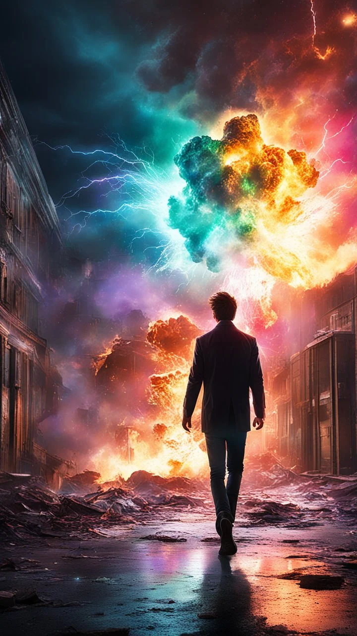 Young man walking towards a building that is exploding at night, with coloured auras and lightning around him