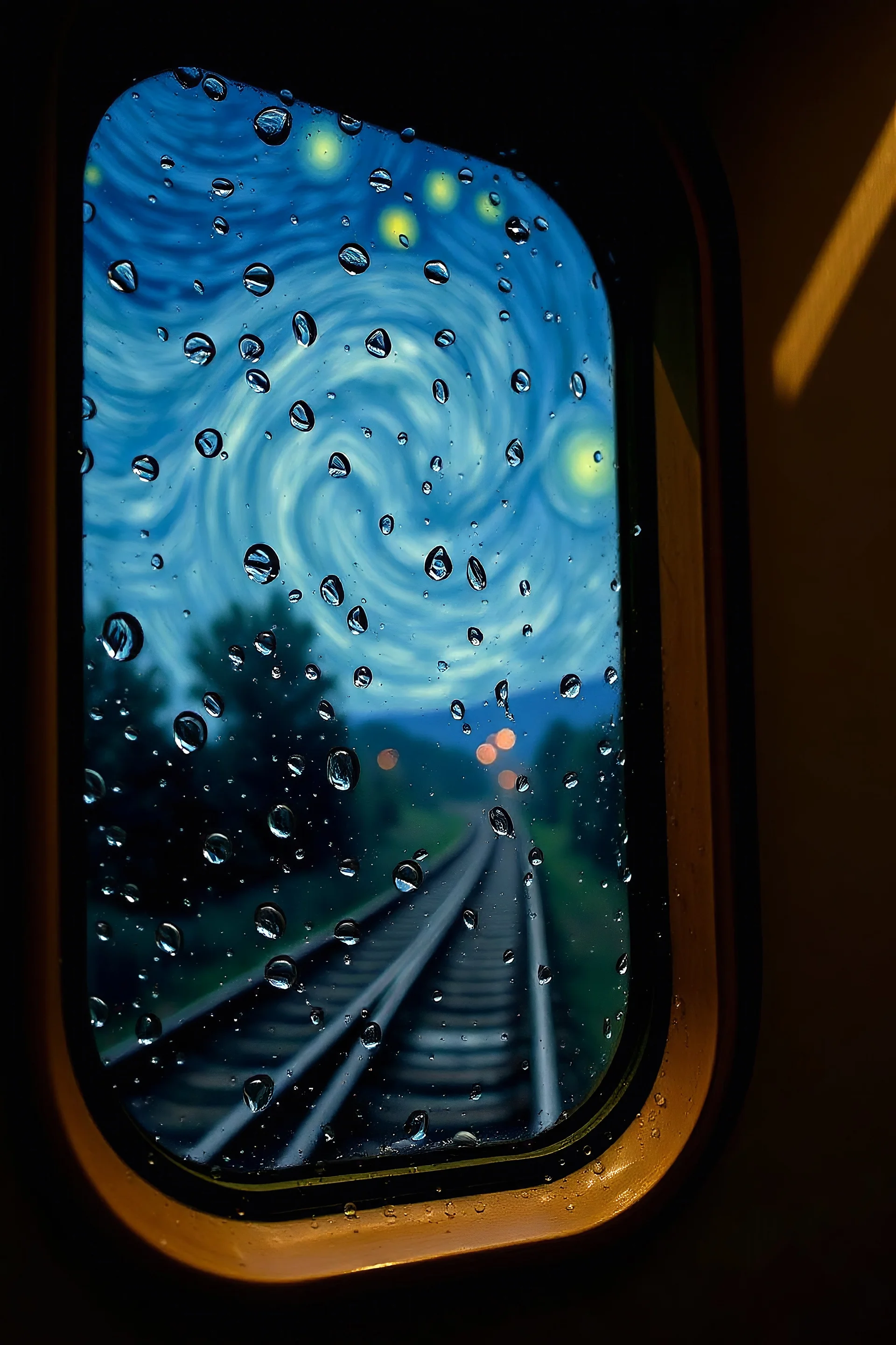 Tableau de van gogh, Gouttes de pluie , vitre de train