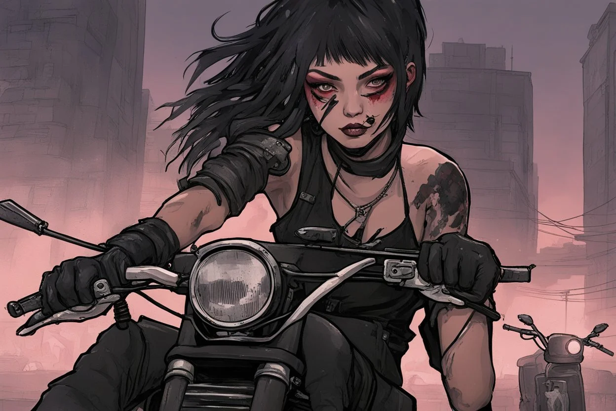 scarred cyberpunk vampire girl showing fangs with short cropped cyberpunk hair riding a black cafe racer motorcycle in a post apocalyptic wasteland at 3 am