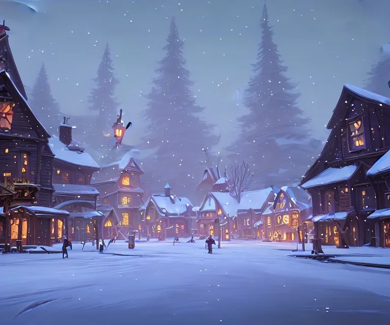 A magical snowy warlock town with a Christmas tree