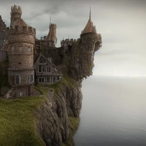 photorealistic flying house, many details, Ultra detailed, octane render, by Alexander Jansson --ar 2:1 ::0.4 travelling on a cliff to a background castle , view of a coast line landscape , English coastline, Irish coastline, scottish coastline, perspective, folklore, King Arthur, Lord of the Rings, Game of Thrones. Photographic, Photography, p