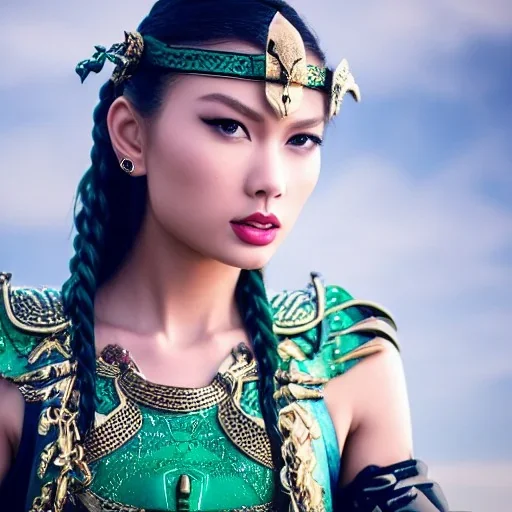 beautiful asian queen with black leather studded armor, delicate cyan braided hair, green glass eyes, highly detailed, 8k, ambient light, taylor swift