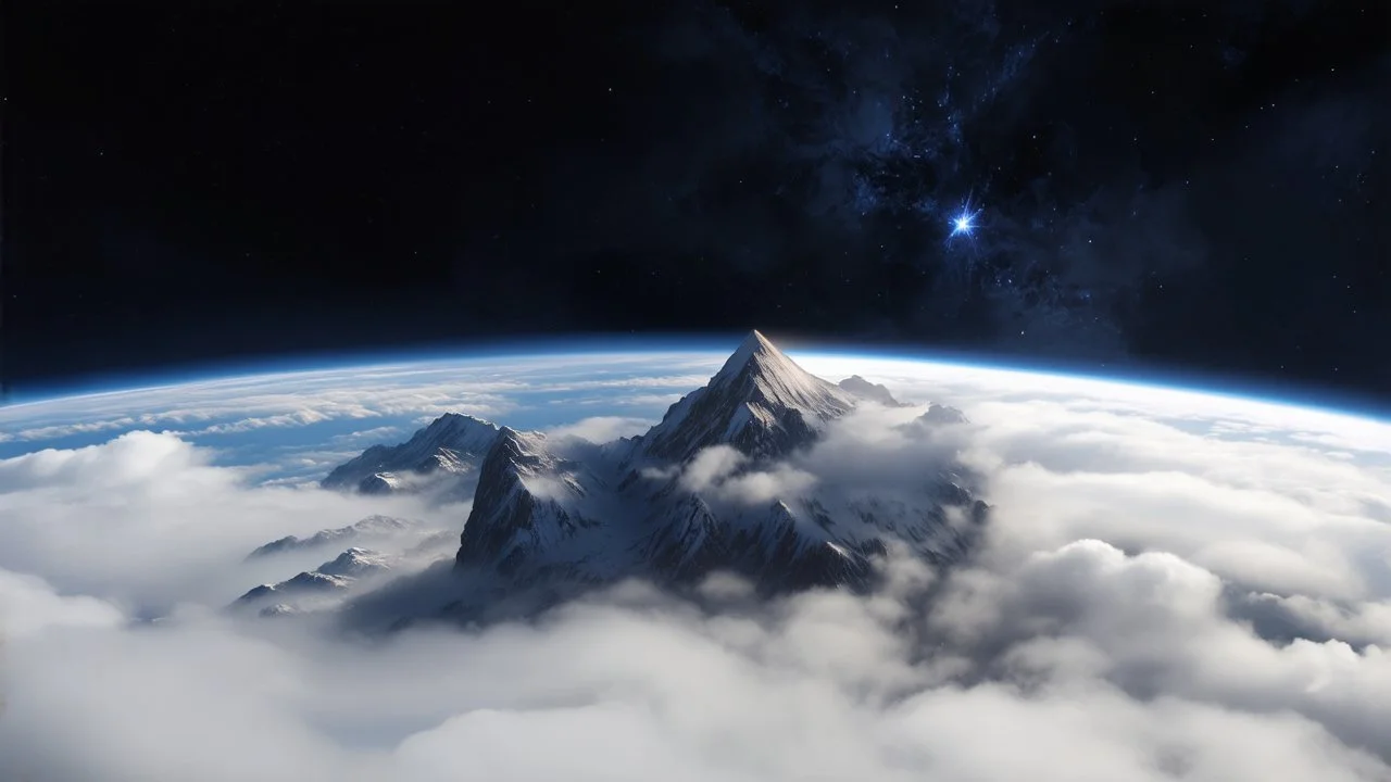 a fog planet's atmosphere is pierced by a single sharp mountain peak. a curved horizon separates the starry space. a single spark of light at the tip of the mountain's peak