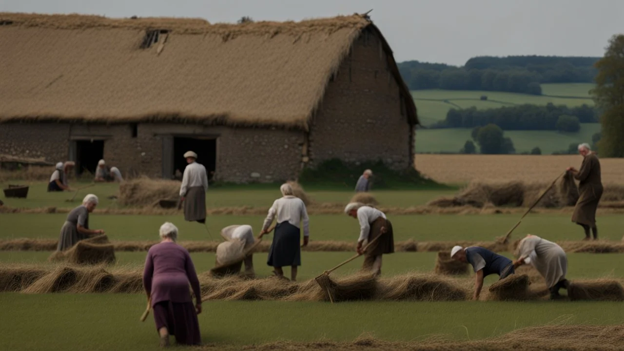 young and old people working in the field near medieval barns