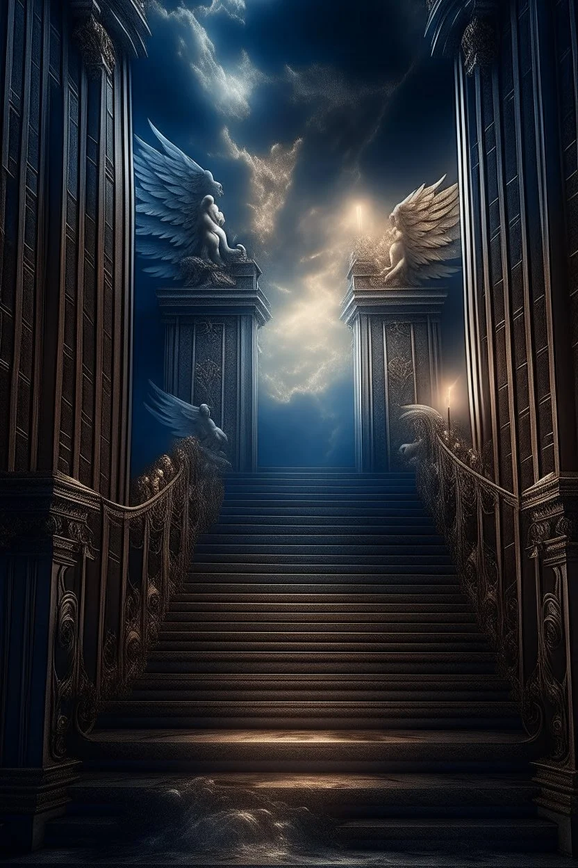 fluffy clouds, portrait of angels and demons, fireflies , staircase with closed gates of heaven, 4 k, down light, depth of field, trending art, high detail